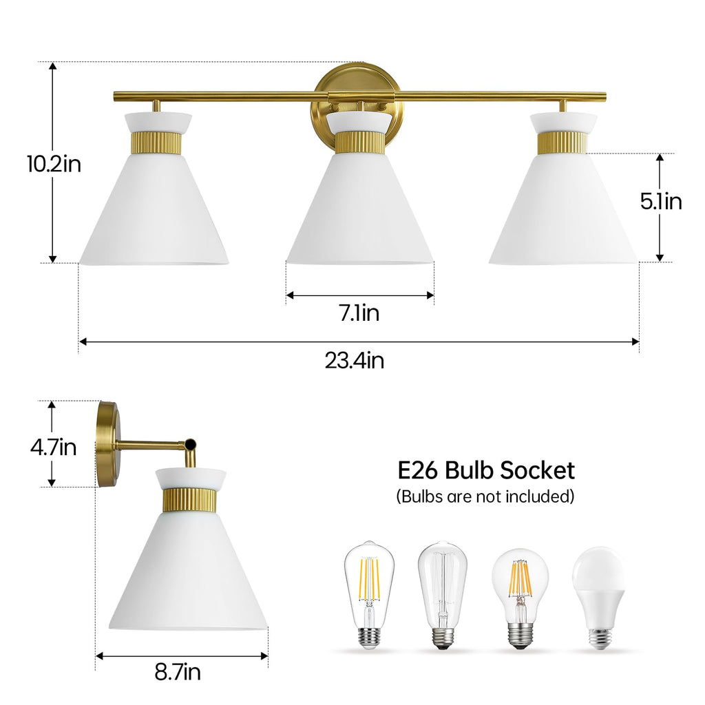 WOSHITU Gold Bathroom Light Fixtures: Modern Vanity Lighting Fixtures 2 Lights for Bathroom Mid Century Vanity Light Sconces Over Mirror with Frosted Milky Glass for Bath Bedroom Makeup