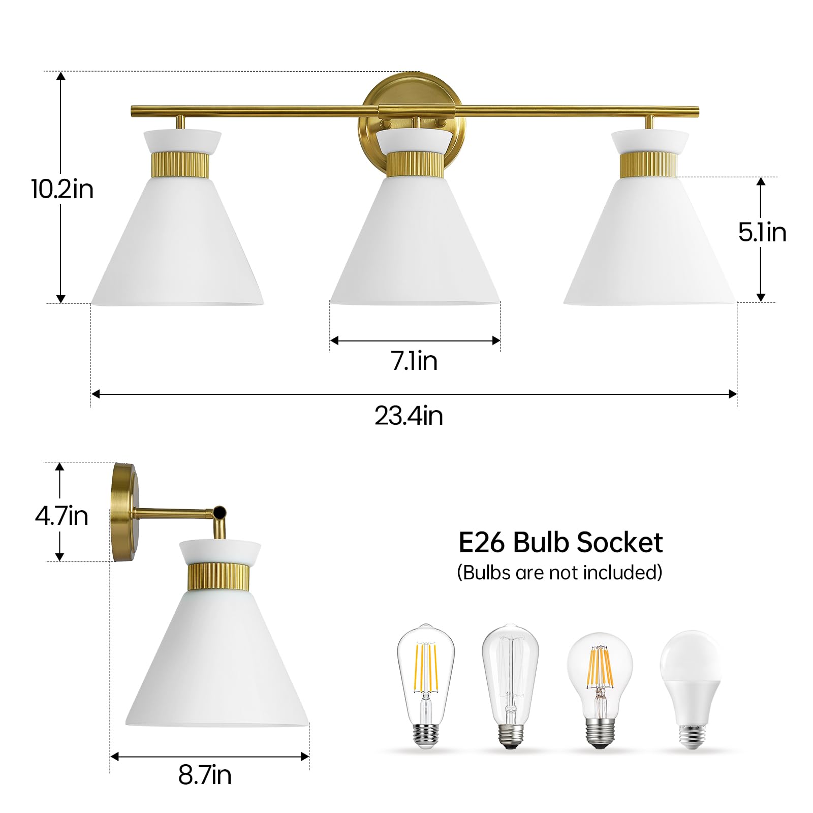WOSHITU Gold Bathroom Light Fixtures: Modern Vanity Lighting Fixtures 2 Lights for Bathroom Mid Century Vanity Light Sconces Over Mirror with Frosted Milky Glass for Bath Bedroom Makeup