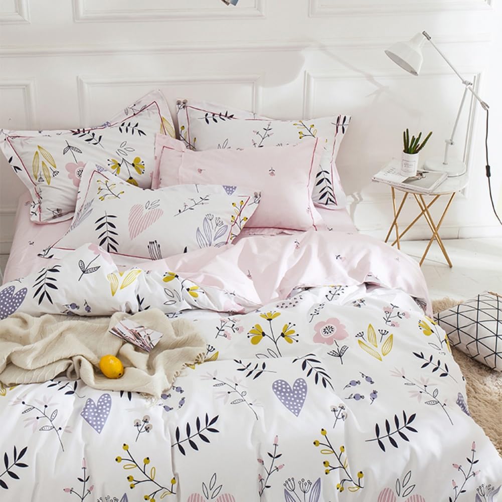 Pink Flower Duvet Cover Twin Chic Floral Print Ruffle Duvet Cover Cotton Lace Comforter Cover Country Style Floral Bedding Set Romantic Ruffle Comforter Cover Flower Bedding Cover with 2 Pillowcases