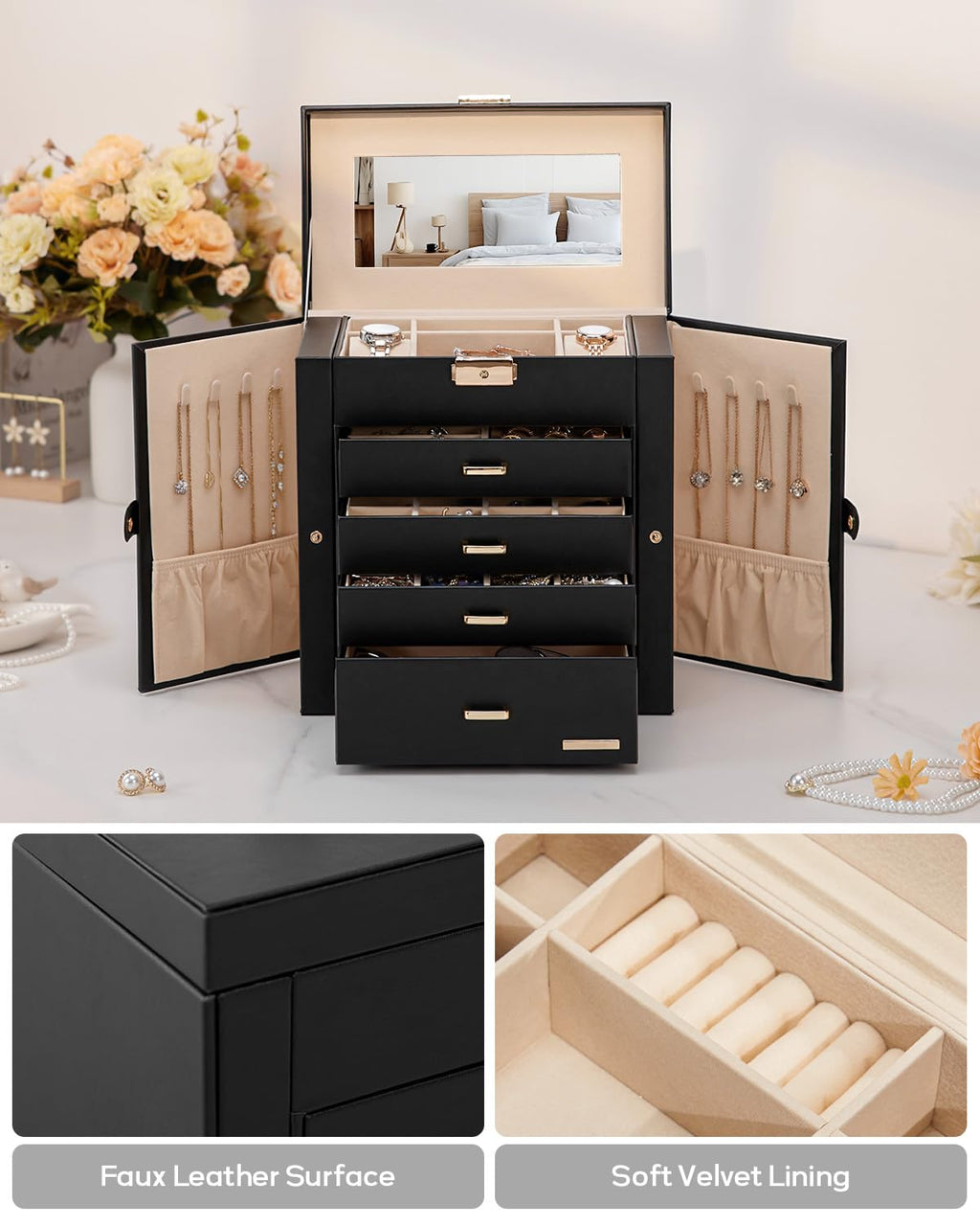 Homde Mothers Day Gifts Synthetic Leather Huge Jewelry Box Mirrored Watch Organizer Necklace Ring Earring Storage Lockable Gift Case (Black + Gold)