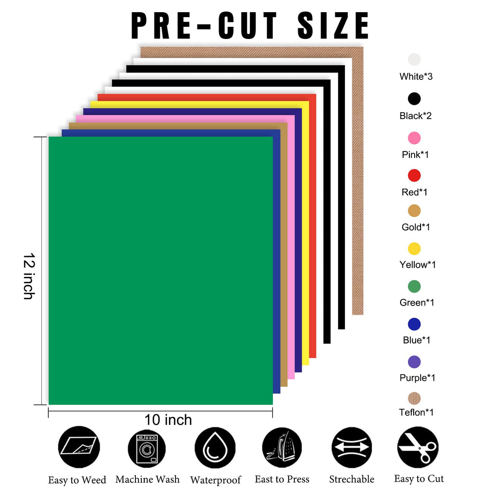 XSEINO HTV Black Heat Transfer Vinyl Sheets:13Pack 12" x 10" Black Iron on Vinyl for T-Shirt, for Cricut,Silhouette Cameo or Heat Press Machine(1 Sheet Teflon Included)