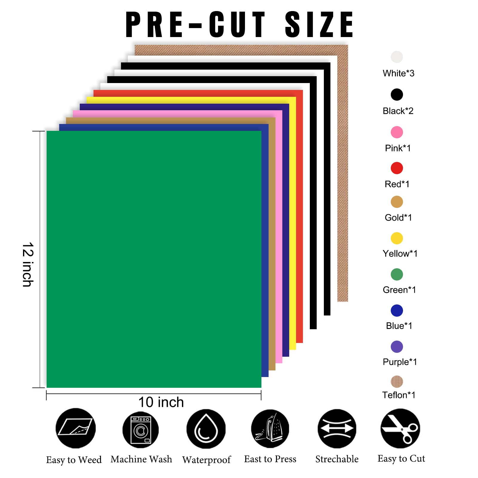 XSEINO HTV Black Heat Transfer Vinyl Sheets:13Pack 12" x 10" Black Iron on Vinyl for T-Shirt, for Cricut,Silhouette Cameo or Heat Press Machine(1 Sheet Teflon Included)
