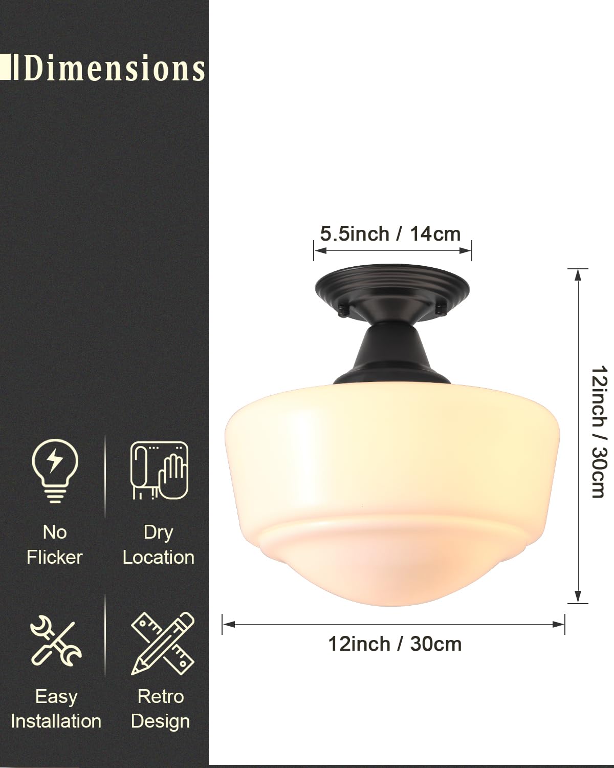Schoolhouse Light Fixture, 12 Inch Black Finish with Milk Glass Semi Flush Mount Ceiling Light, Ceiling Light Fixture for Kitchen Hallway Entryway (Type C Pendant Light)