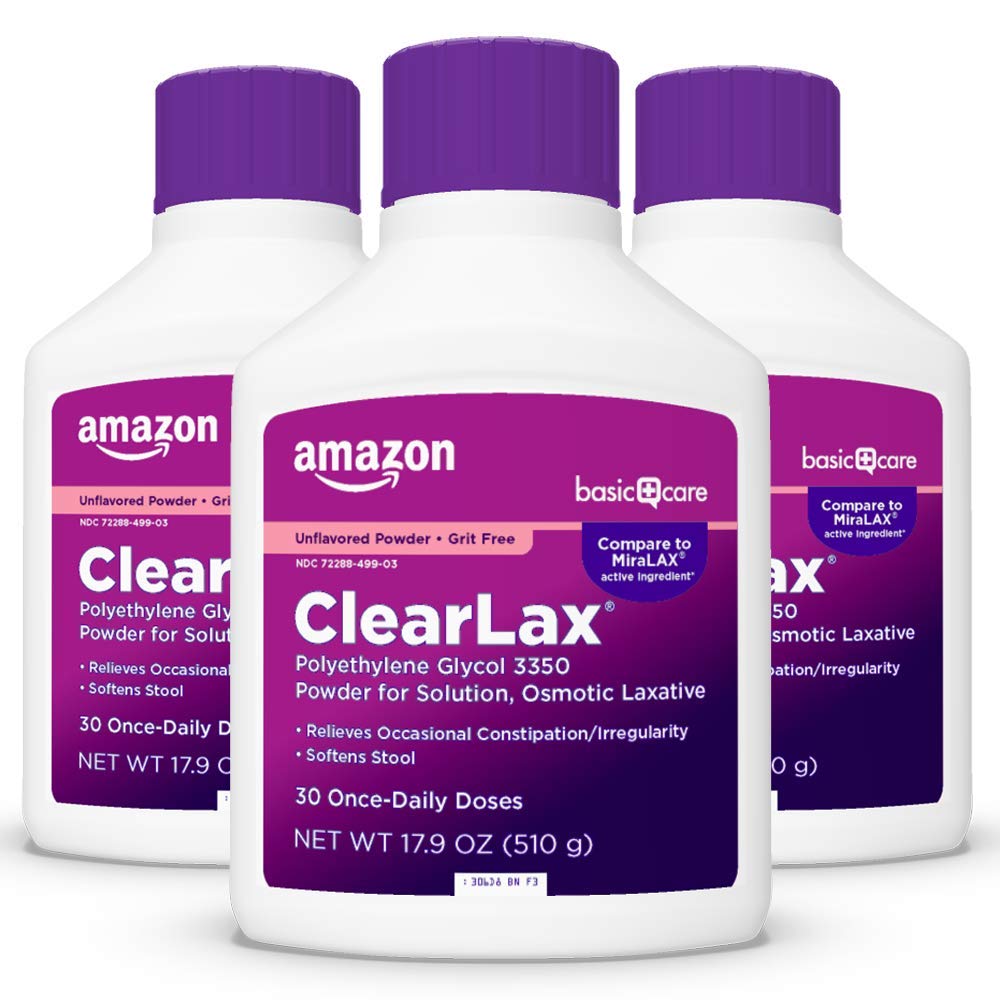 Amazon Basic Care ClearLax Polyethylene Glycol 3350 Powder for Solution, Orange Flavor, Osmotic Laxative, Stool Softener, Relieves Occasional Constipation, 8.3 ounce (Pack of 1)