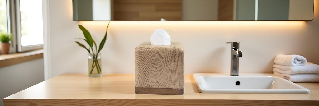 Hymmah Square Tissue Box Cover Holder with Tray,Unique Cube Design Tissue Dispenser Cover Decor for Vanity Counter Tops Also Great for Bedroom and Living Room