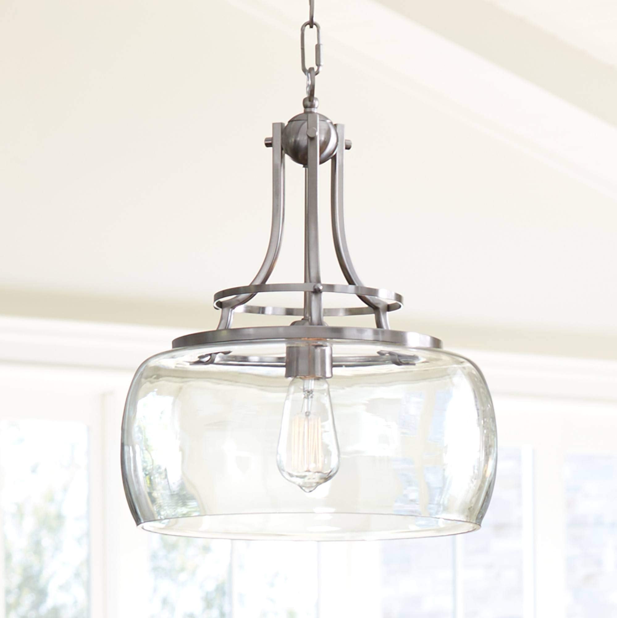Franklin Iron Works Charleston Satin Nickel Pendant Chandelier 16" Wide Rustic Farmhouse Seeded Clear Glass LED 3-Light Fixture for Dining Room House Foyer Entryway Kitchen Bedroom Living Room