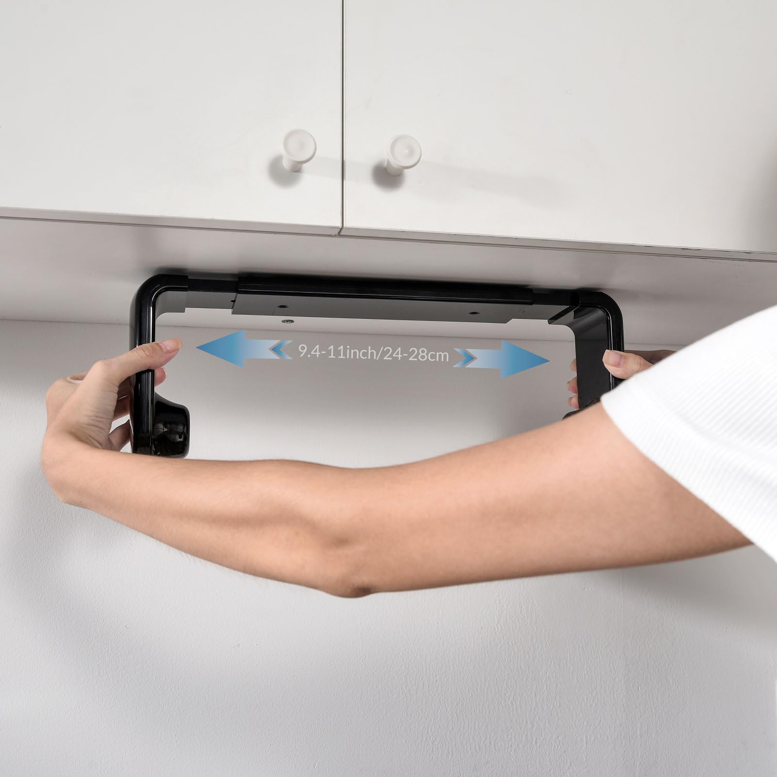 simpletome Paper Towel Holder ONE Hand Tear Adaptive Tension Arm Adjustable Length 9.4-11inch/24-28cm (Black) | adaptive adjustable tension arm | tear one/more sheets at one time | adhesive or drilling | abs plastic | easy to replace