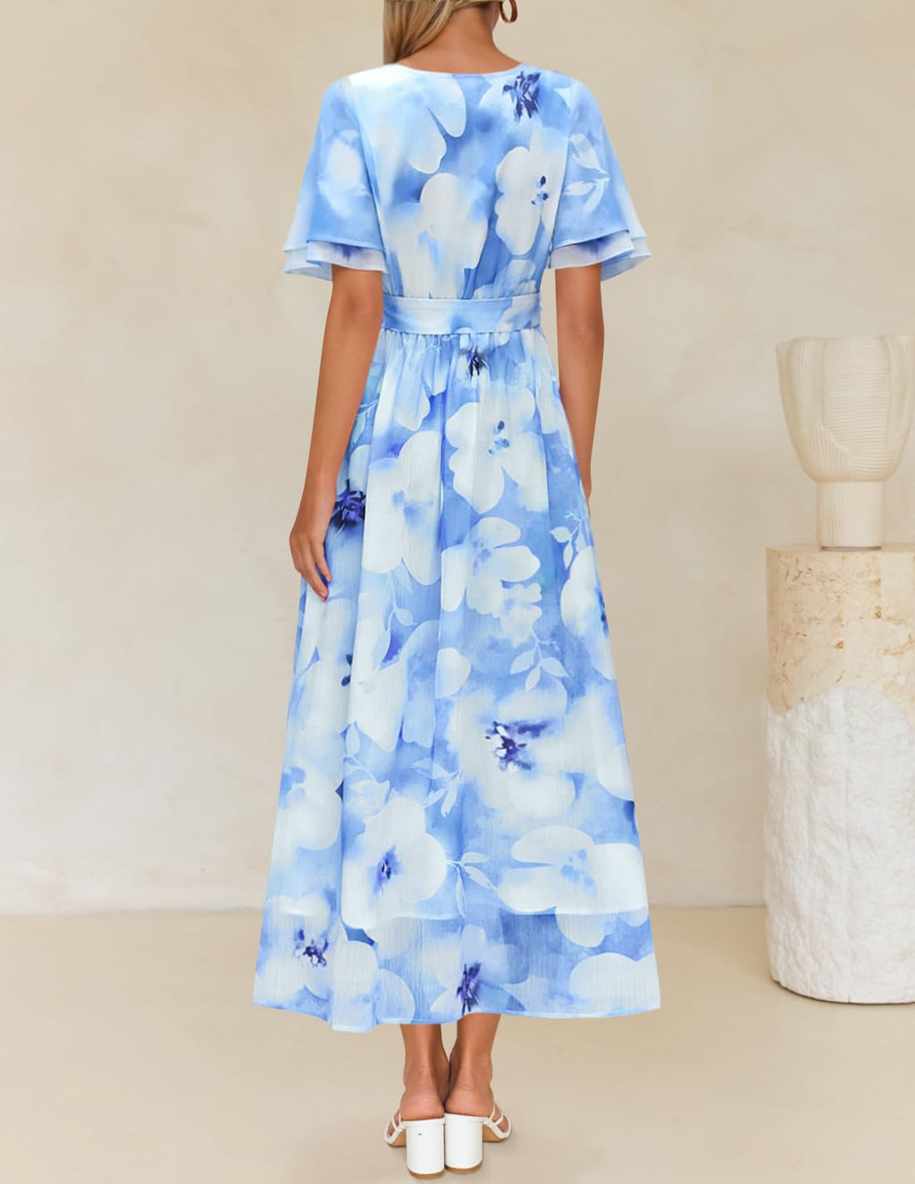 ZESICA Women's 2026 Summer Floral V Neck Midi Dress Boho Short Sleeve High Waist Flowy Beach Vacation Dresses with Belt