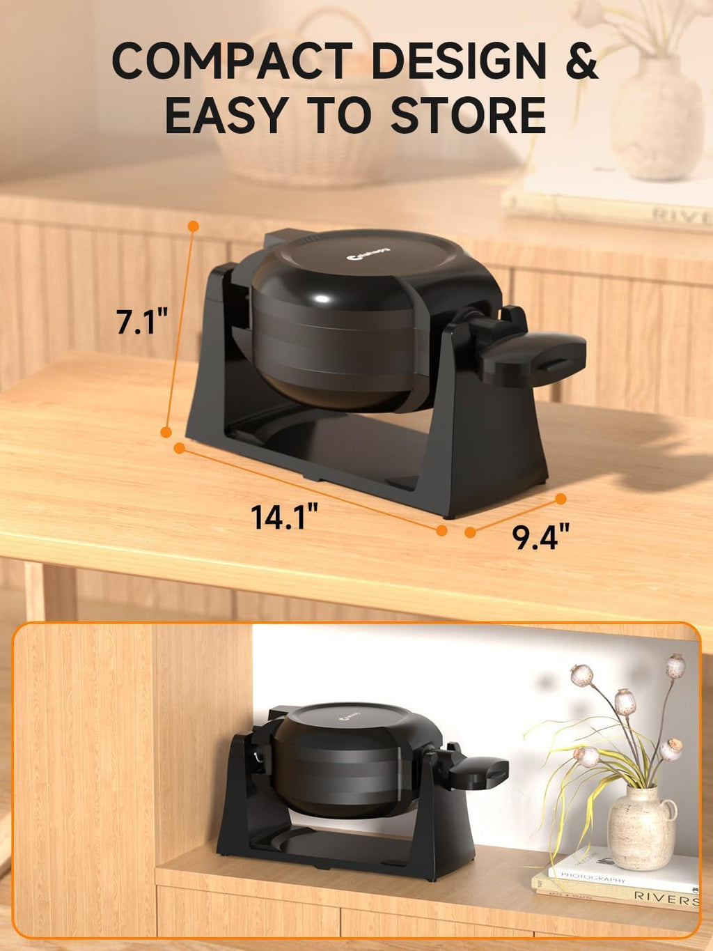 Waffle Maker, 1400W Double Belgian Waffle Iron 180° Flip, 8 Slices, Rotating & Nonstick Plates, Removable Drip Tray for Easy Cleaning, Cool Touch Handles, Space Saving Storage, Black