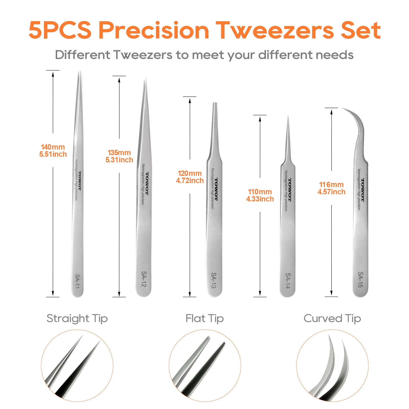 Precision Tweezers, Stainless Steel Pointed Ultrafine Tweezers for Craft, Electronics, Soldering, Experimental Work, Jewelry-Making, Non-Magnetic Industrial Tweezers, by TOWOT