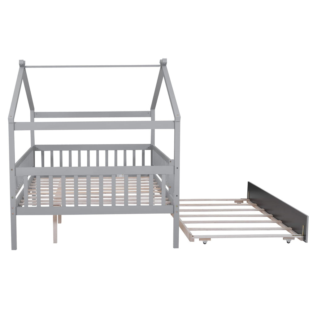 Merax Twin Size Wooden House Bed with Two Drawers, Wood Bed Frame with Roof for Kids, Teens, Boys or Girls, Grey