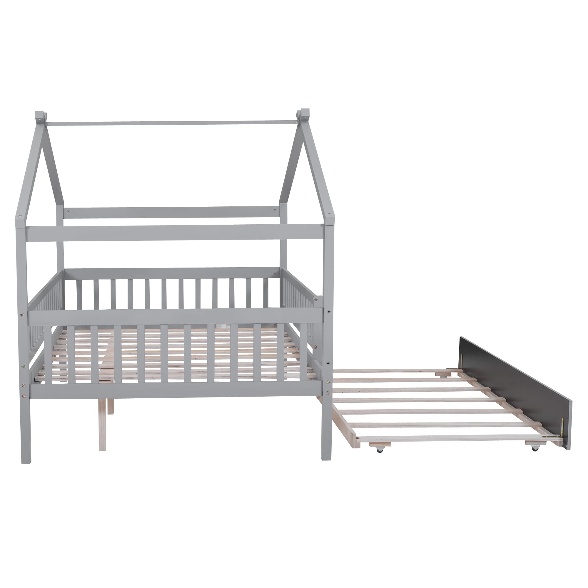 Merax Twin Size Wooden House Bed with Two Drawers, Wood Bed Frame with Roof for Kids, Teens, Boys or Girls, Grey