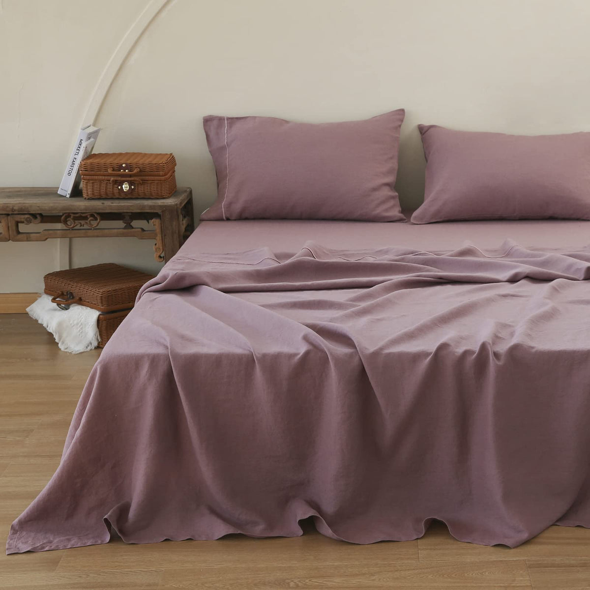 Simple&Opulence 100% Pure Linen Sheet Set Twin Size, Natural French Flax Solid Color 3 Pcs Washed Breathable, Farmhouse Bedding (1 Flat Sheet,1 Fitted Sheet,1 Pillowcase)-Embroidery Dark Grey