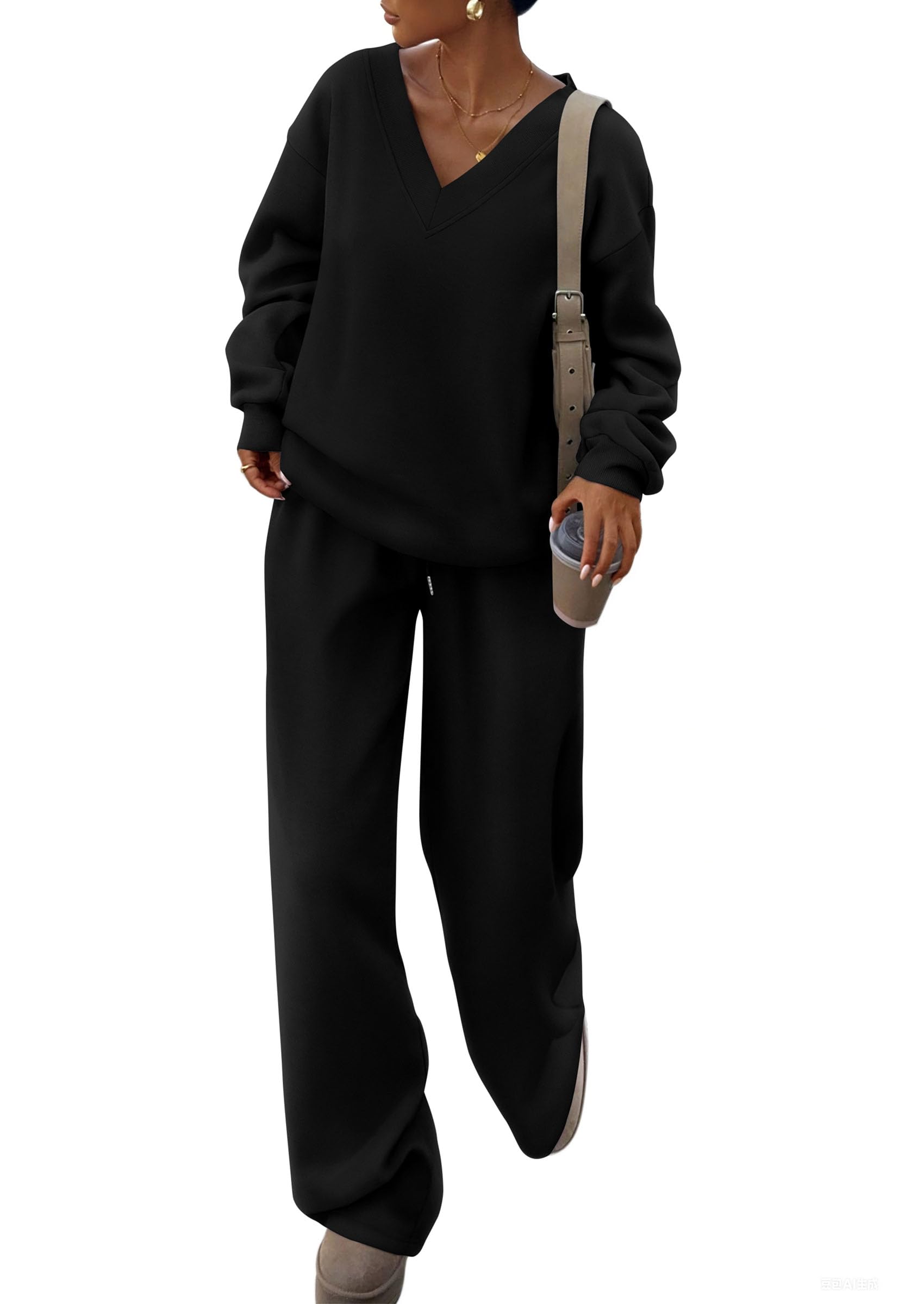 PRETTYGARDEN Casual Winter Two Piece Sets for Women 2026 V Neck Sweatshirt Loose Wide Leg Pants Tracksuit Knit Fall Outfits