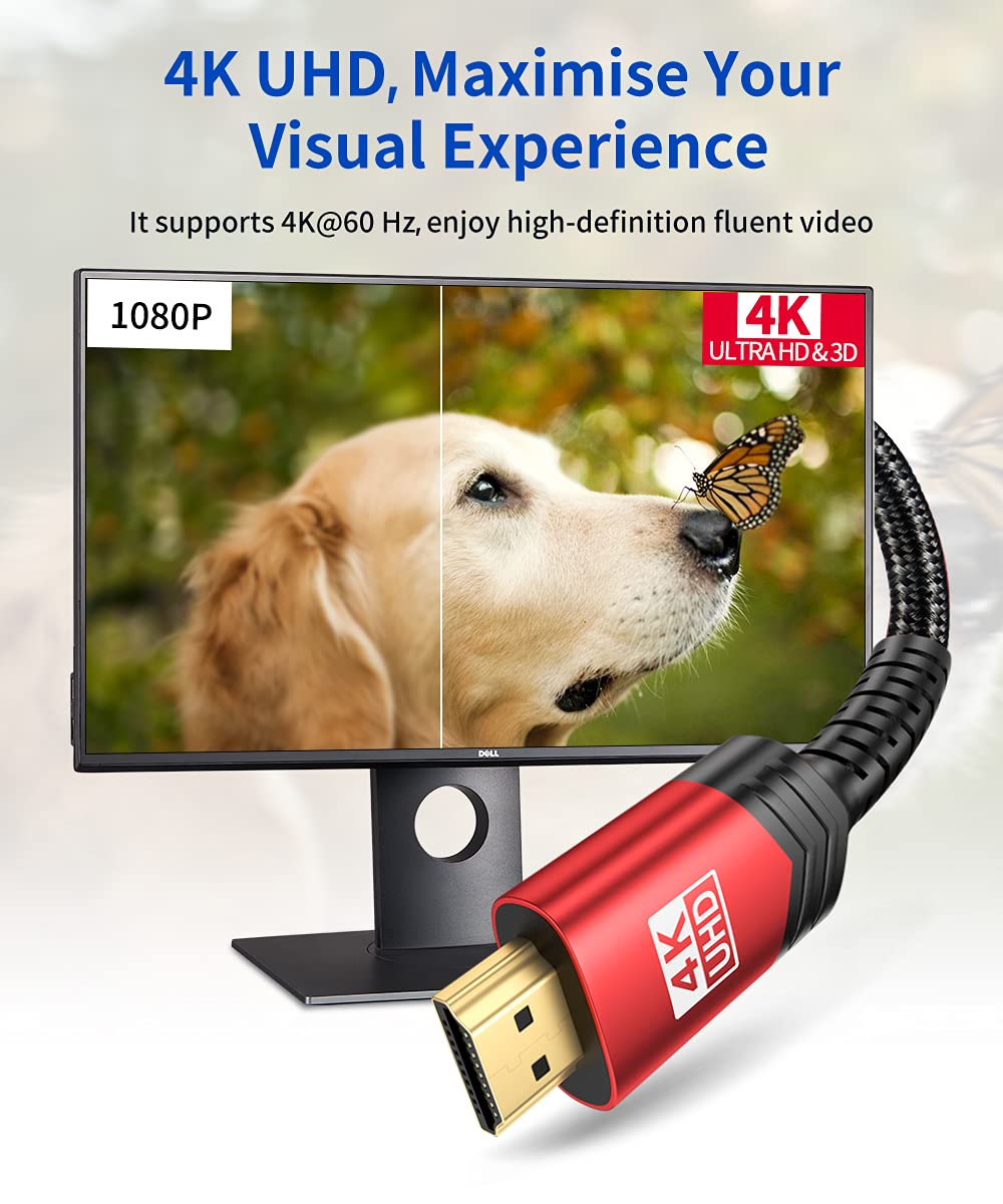 JSAUX 4K Long HDMI Cable 2 Pack 15ft, 18Gbps High Speed HDMI 2.0 Braided Cord, 4K 60Hz HDR, 2K 1440P 144Hz, 1080p, HDCP 2.2, 3D, ARC, Ethernet Compatible with Monitor Smart TV PC PS5 PS4 Blu-ray -Red