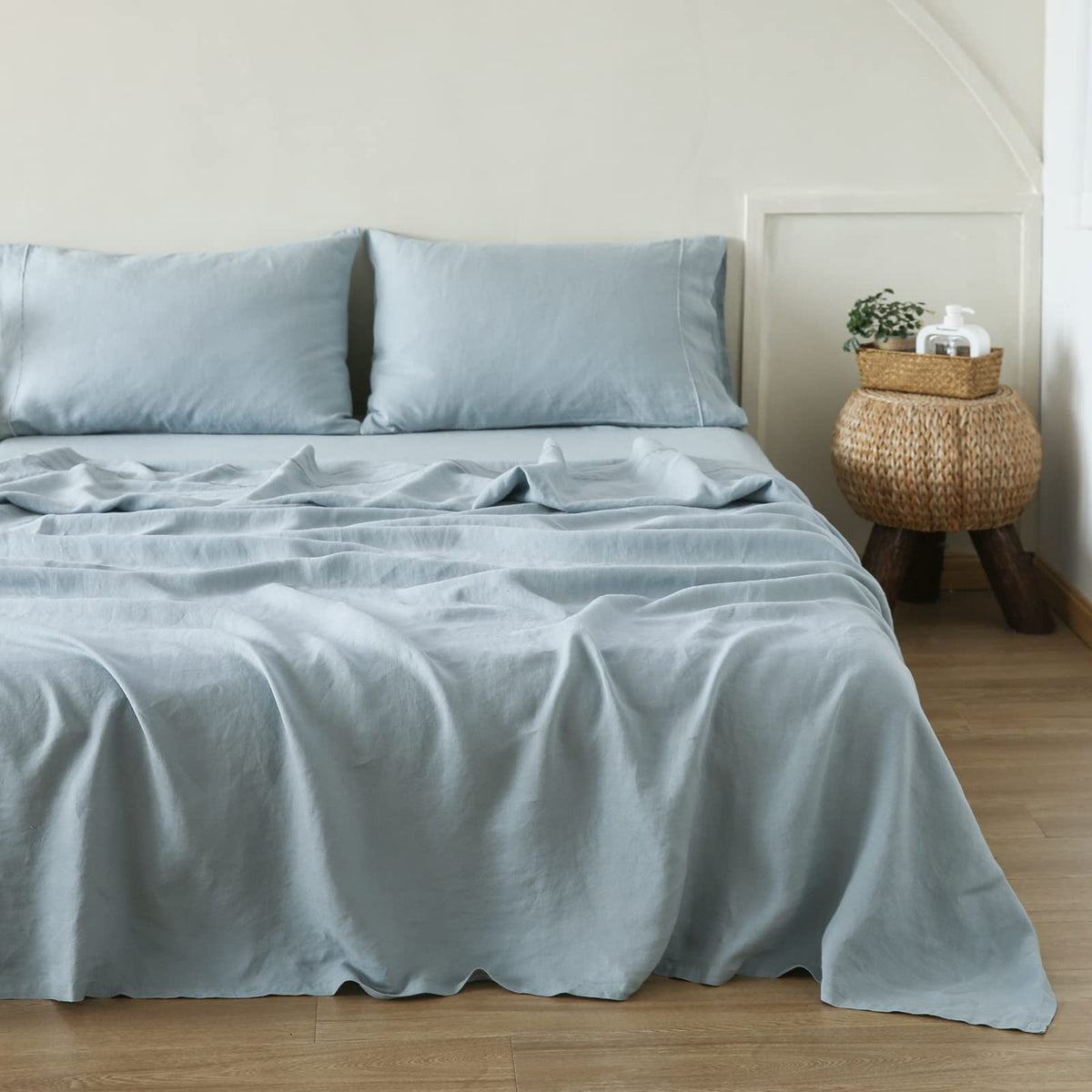 Simple&Opulence 100% Pure Linen Sheet Set Twin Size, Natural French Flax Solid Color 3 Pcs Washed Breathable, Farmhouse Bedding (1 Flat Sheet,1 Fitted Sheet,1 Pillowcase)-Embroidery Dark Grey