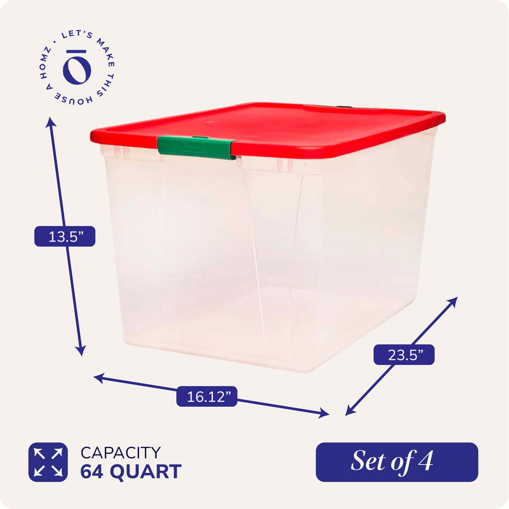 HOMZ 4-Pack Secure Latch, Clear Plastic Storage Organizer Bins, 15 Quart, Gray Lid - Stackable Container Boxes for Bedroom, Bathroom, Garage, and Office Organization