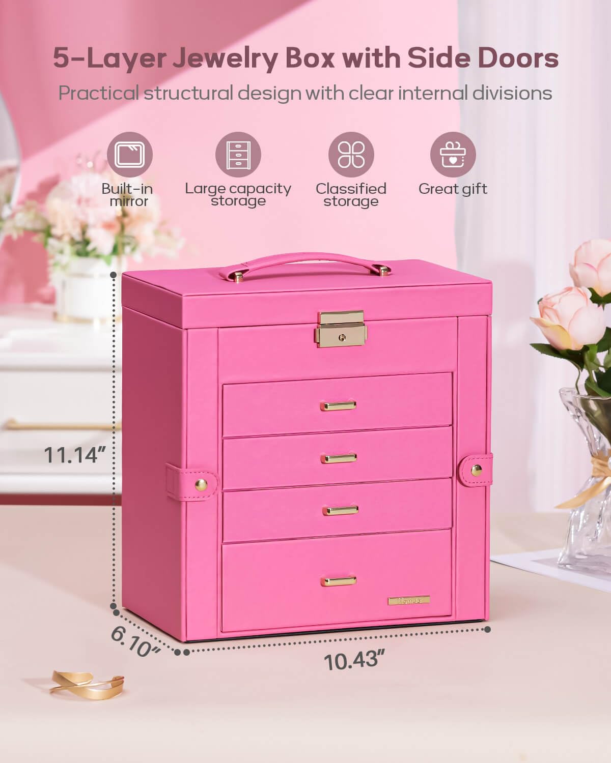 Homde Mothers Day Gifts Synthetic Leather Huge Jewelry Box Mirrored Watch Organizer Necklace Ring Earring Storage Lockable Gift Case (Black + Gold)