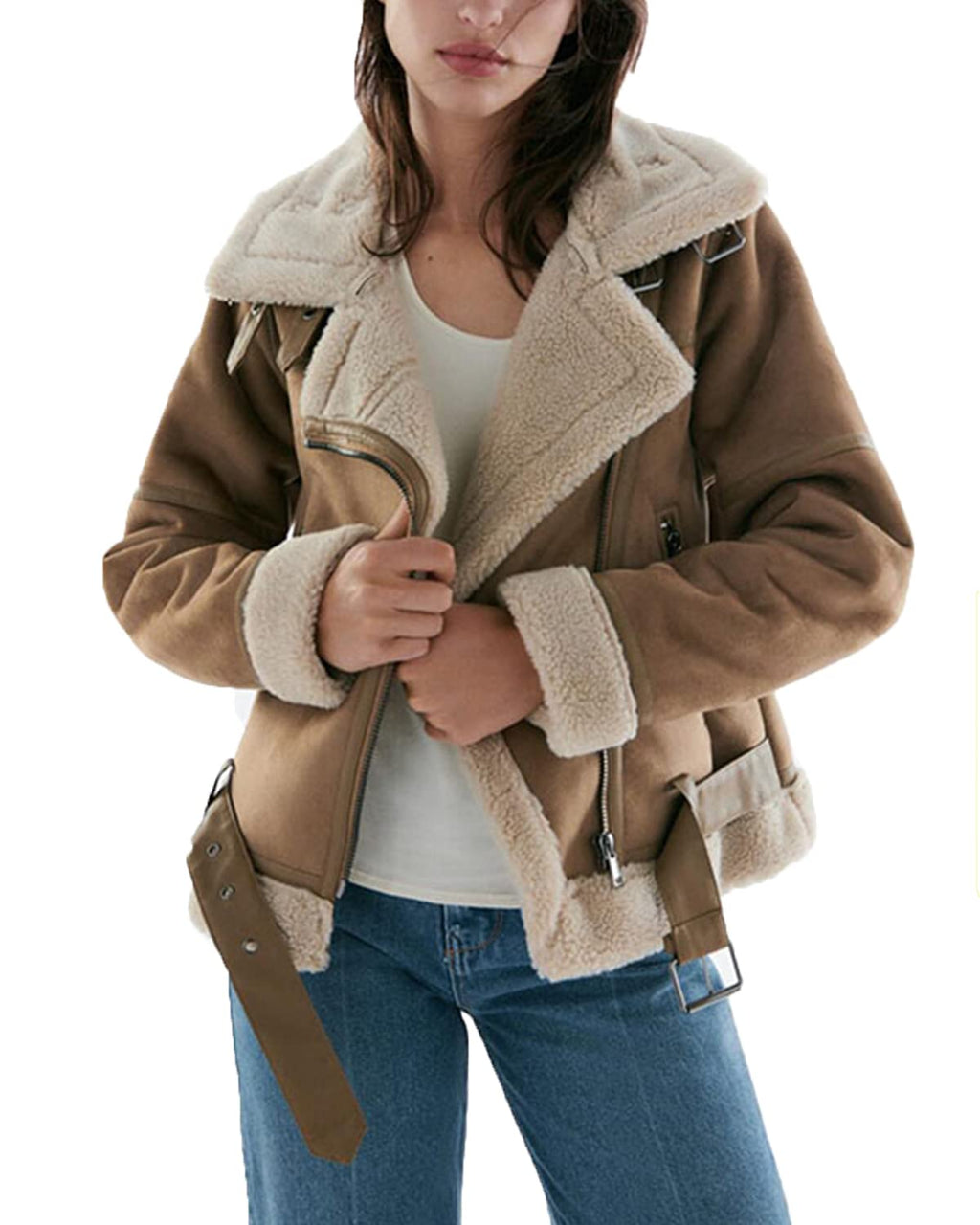 LY VAREY LIN Women's Faux Shearing Moto Jacket Thick Lined Parka Winter Shearling Coat Leather Jacket