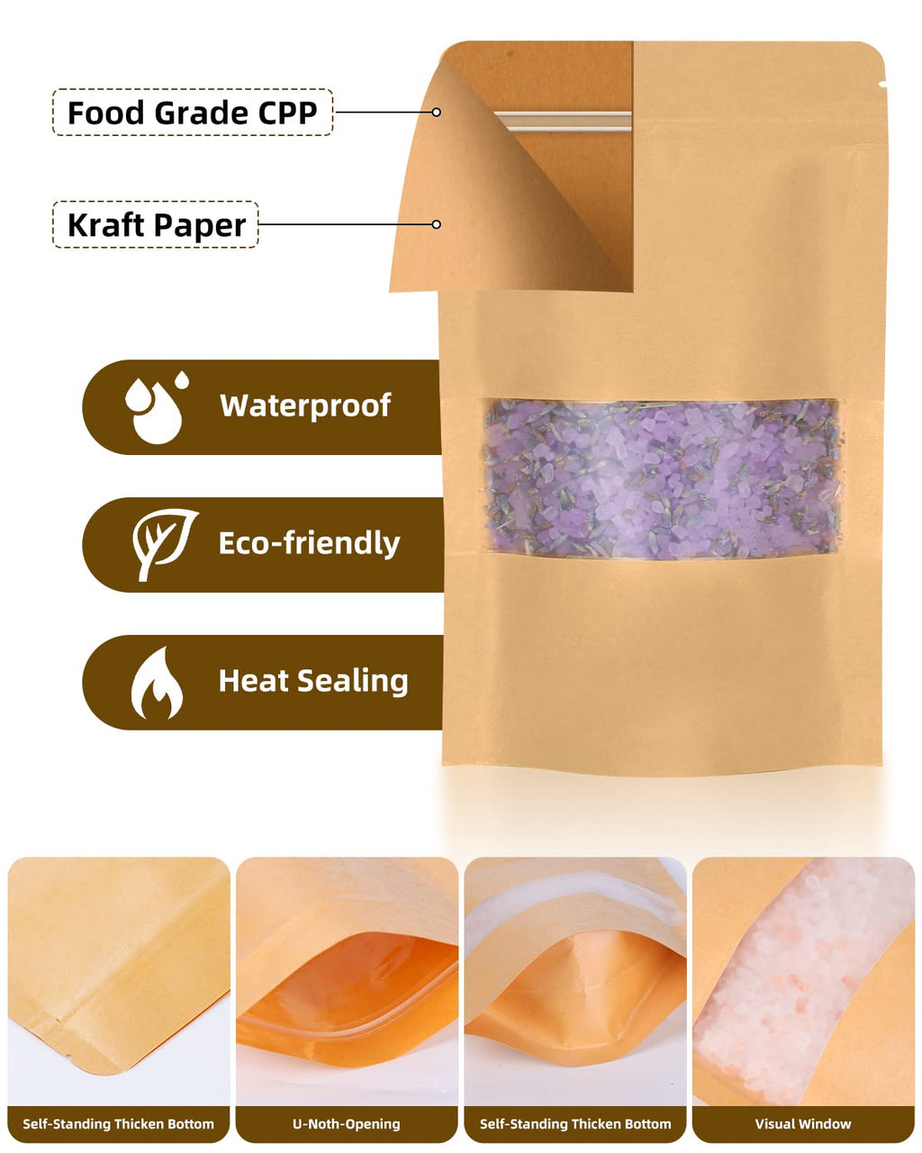 50pcs Kraft Bags with Window 3.5x5.5 Inches Brown Reusable Sealable Zip Lock Food Storage Stand up Paper Pouches for Home or Business