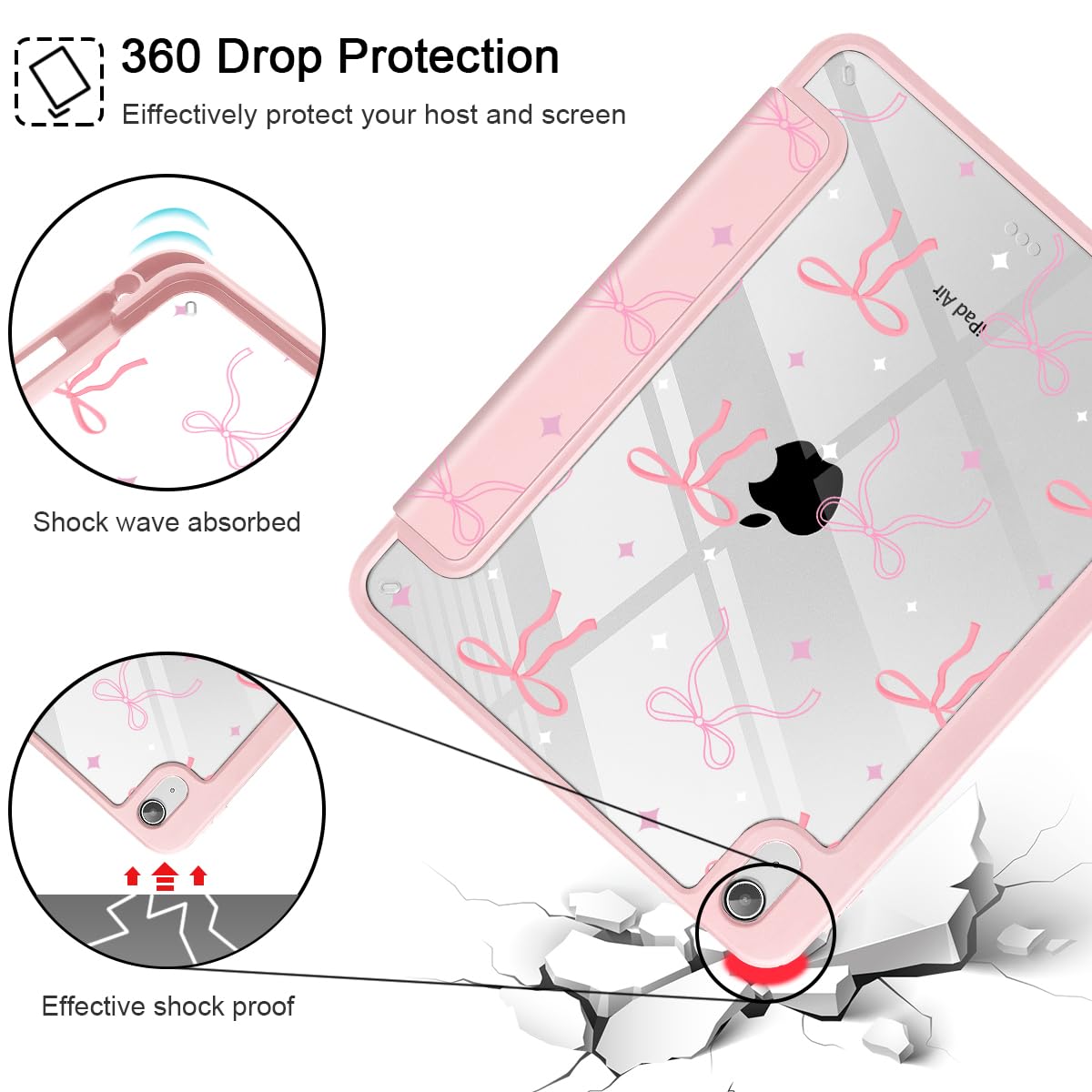 Tuiklol Case for iPad Air 11 Inch M4 2026 / Air 11 Inch M3 2025 / Air 11 Inch M2 2024 / iPad Air 10.9 Inch 2022 2020, Buit in Pencil Holder with Shockproof Cover Clear Transparent Back, Black Flower