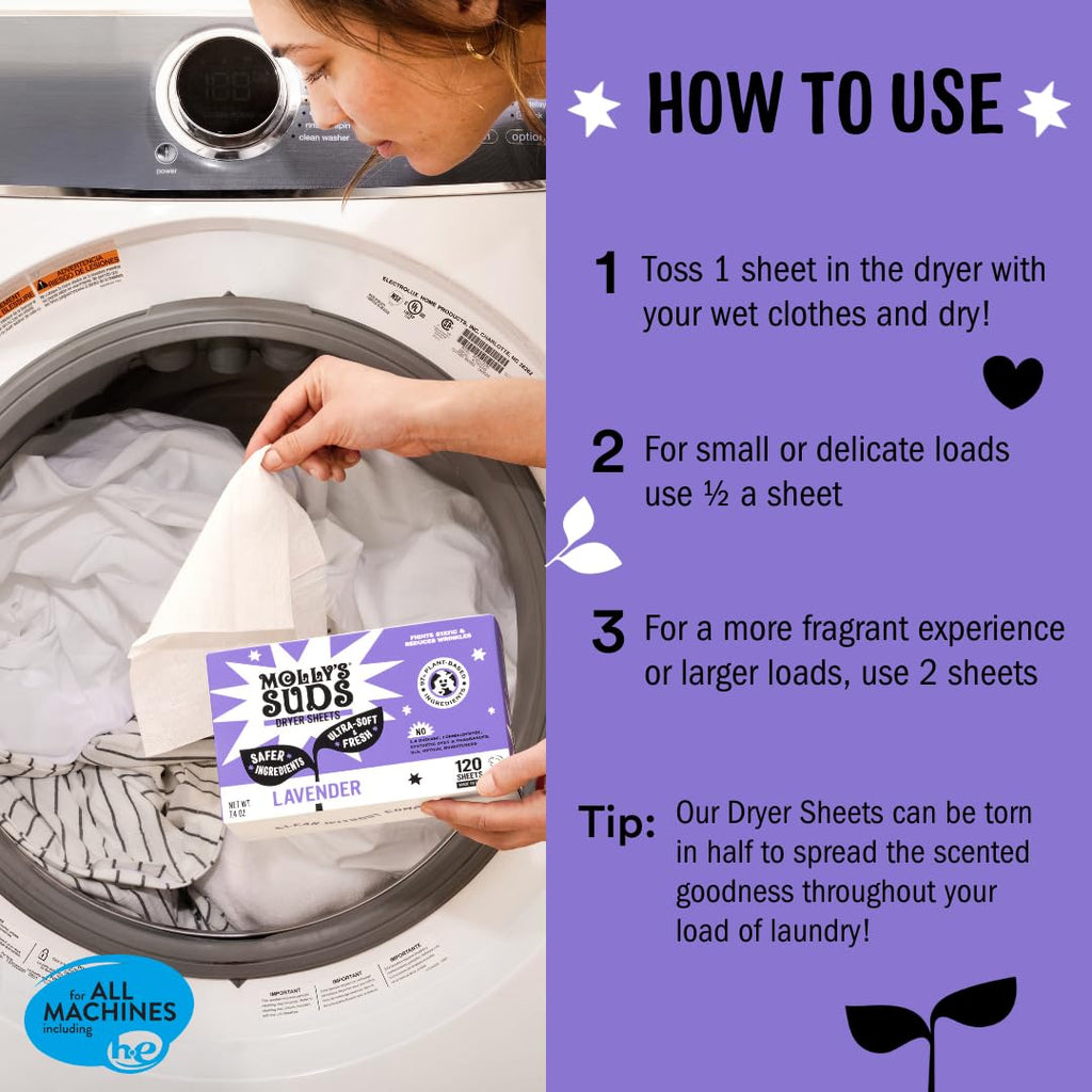 Molly's Suds Fabric Softener Dryer Sheets for Sensitive Skin | Plant-Based Static Reducer, Plastic-Free Packaging | Lavender (120 Sheets)