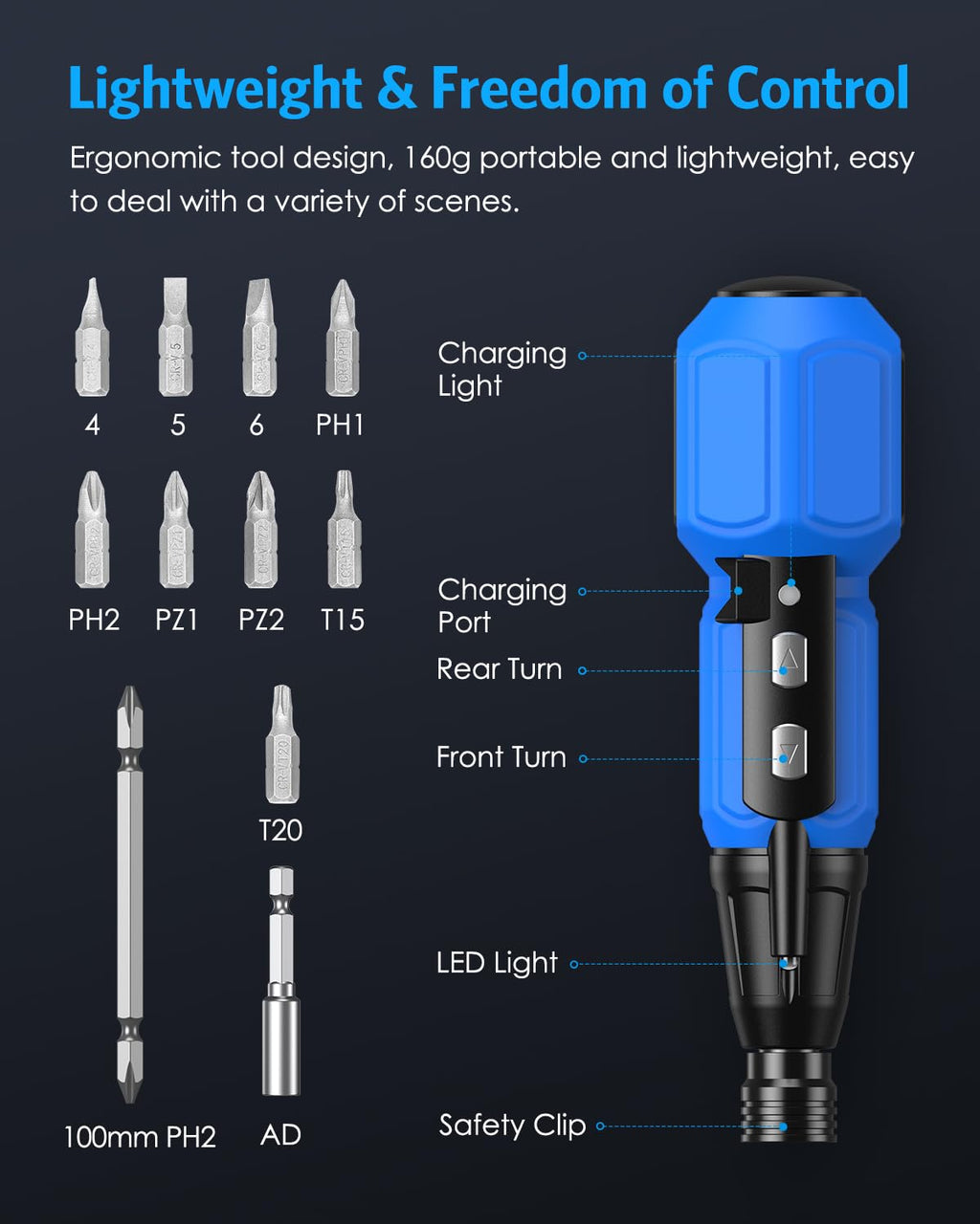 AMIR Cordless Power Screwdriver, Rechargeable Electric Screwdriver Sets, Portable Automatic Home Repair Tool Kit, Motorized Screwdriver with USB Cable and LED Lights