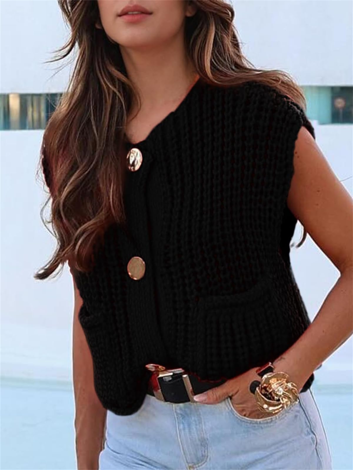 KEOMUD Women's Sleeveless Cropped Knit Cardigan Casual Button Down Crochet Sweater Vest Tops with Pockets