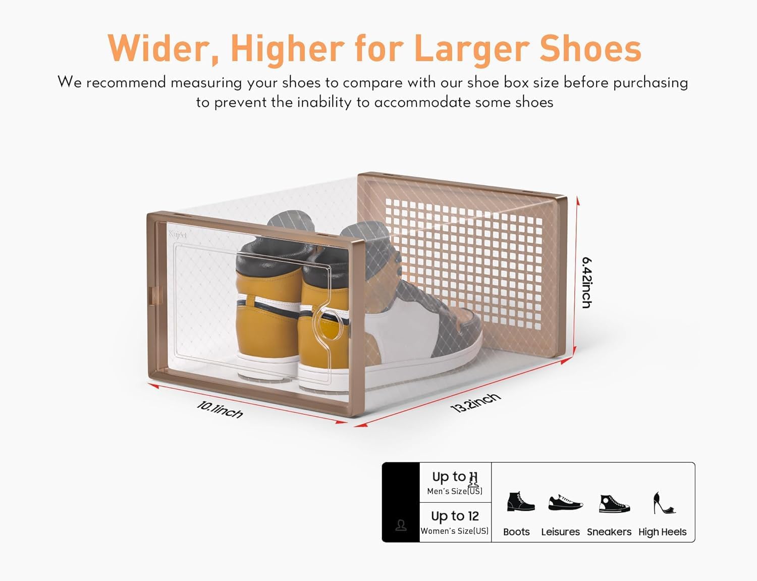 Kuject X-Large Shoe Storage Boxes Organizers for Closet 12 Pack, Fit Size 11,Clear Plastic Stackable Sneaker Containers for Entryway, Dark Brown