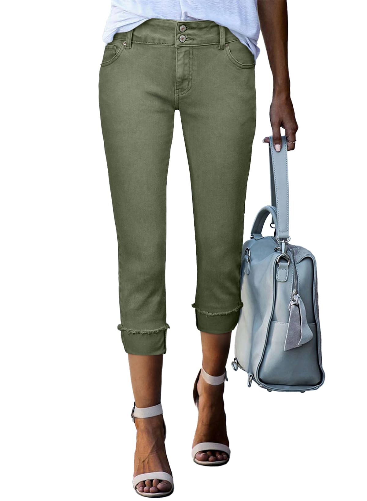 Sidefeel Women's Capri Jeans High Waisted Stretchy Roll-up Skinny Cuffed Cropped Zimbaplatinum Summer Capri Pants
