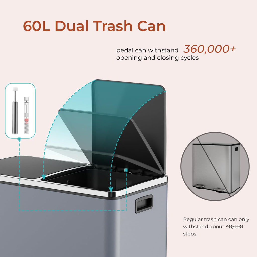 60L(16 Gal) Dual Trash Can, Stainless Steel Kitchen Garbage Can, Double Compartment Classified Rubbish Bin, Recycle Dustbin w/Plastic Inner Buckets, Soft-Close Lid, Airtight, Black
