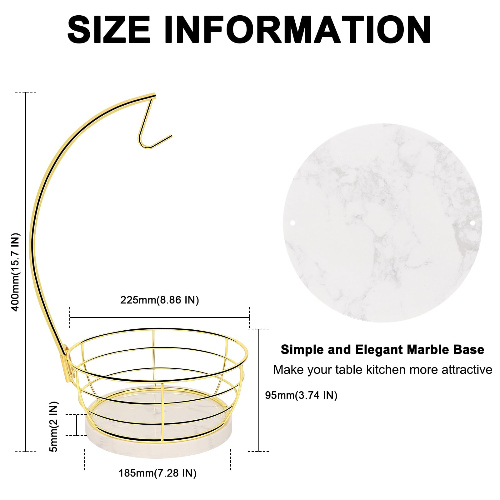 Livabber Countertop Fruit Basket Bowl with Banana Hanger, Modern Standing Fruit Vegetable Bowl Storage, with Banana Tree Holder for Kitchen Dinning Table (Round Marble, Black)