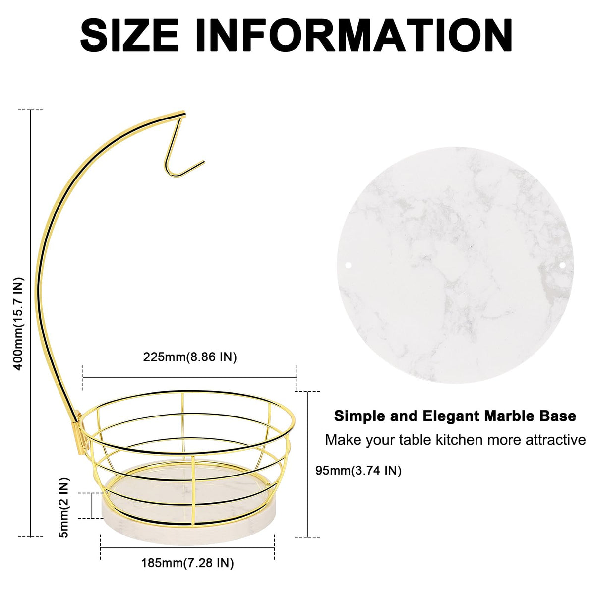 Countertop Fruit Basket Bowl with Banana Hanger, Modern Standing Fruit Vegetable Bowl Storage, with Banana Tree Holder for Kitchen Dinning Table (Round Marble, Black)