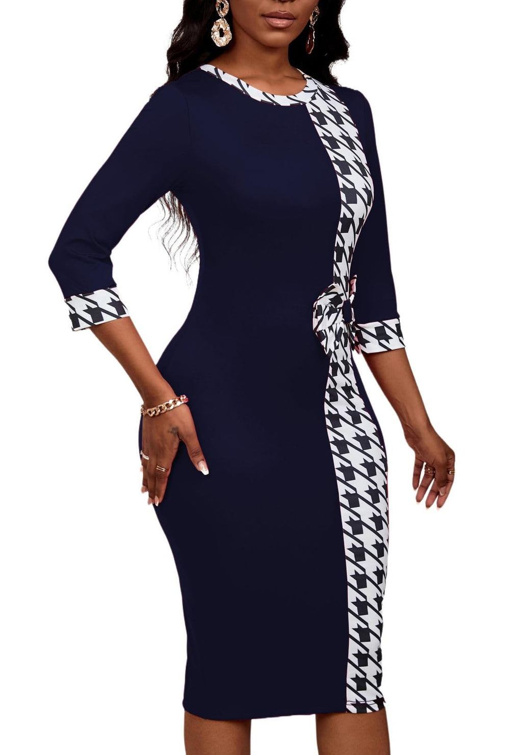 PerZeal Women's 3/4 Sleeve Round Neck Casual Houndstooth Bodycon Wear to Work Pencil Sheath Midi Dresses