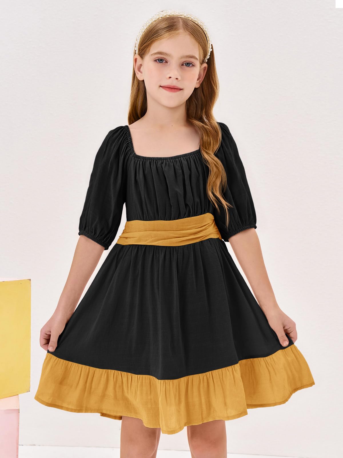 Girls Summer Dresses Square Neck Lantern Sleeve Tie Backless Ruffle A-Line Party Mini Dress