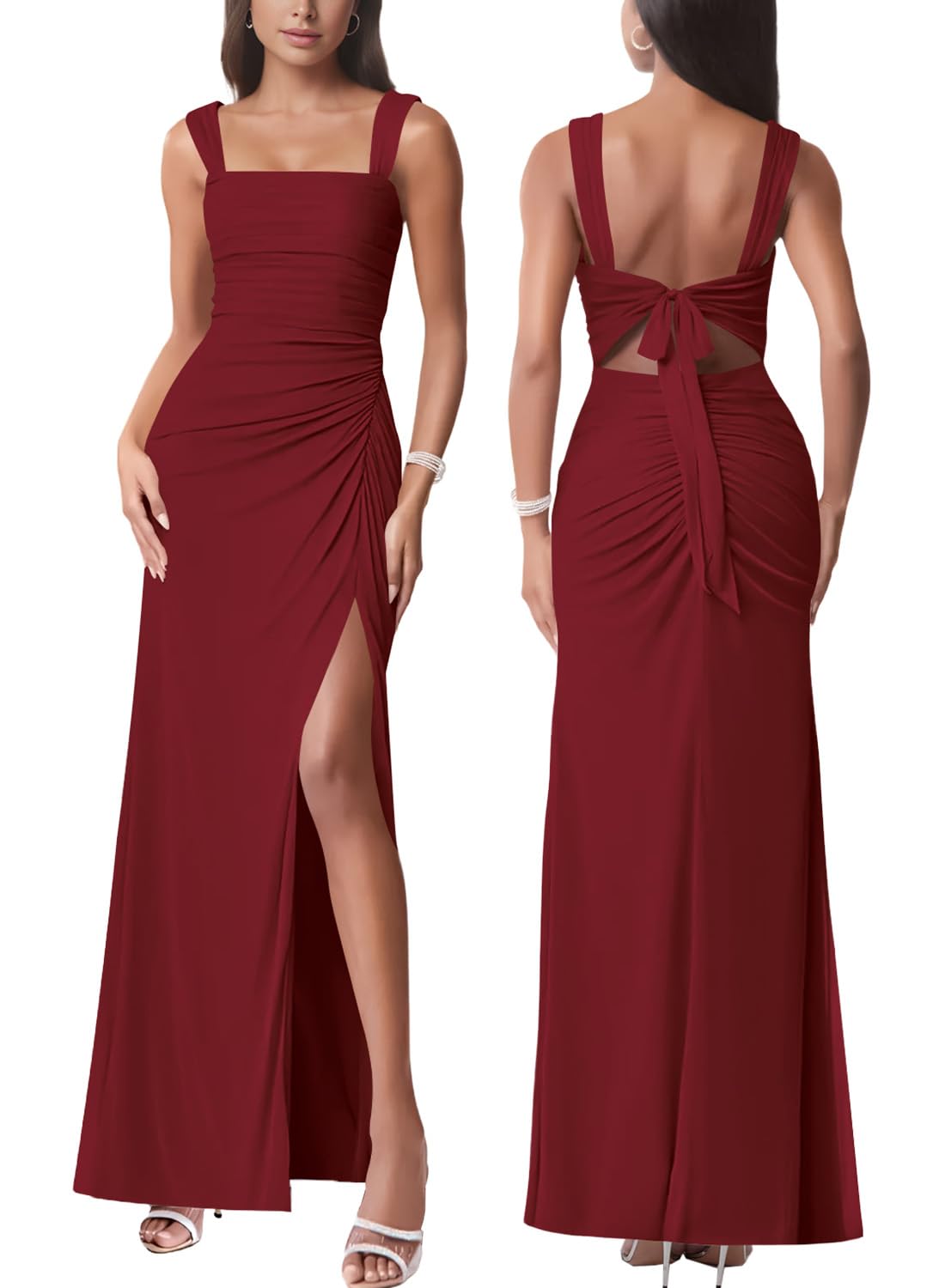 Women Sexy Mesh Tie Low Back Sleeveless Split Ruched Maxi Dress Party Cocktail Long Dress Wedding Guest Dresses