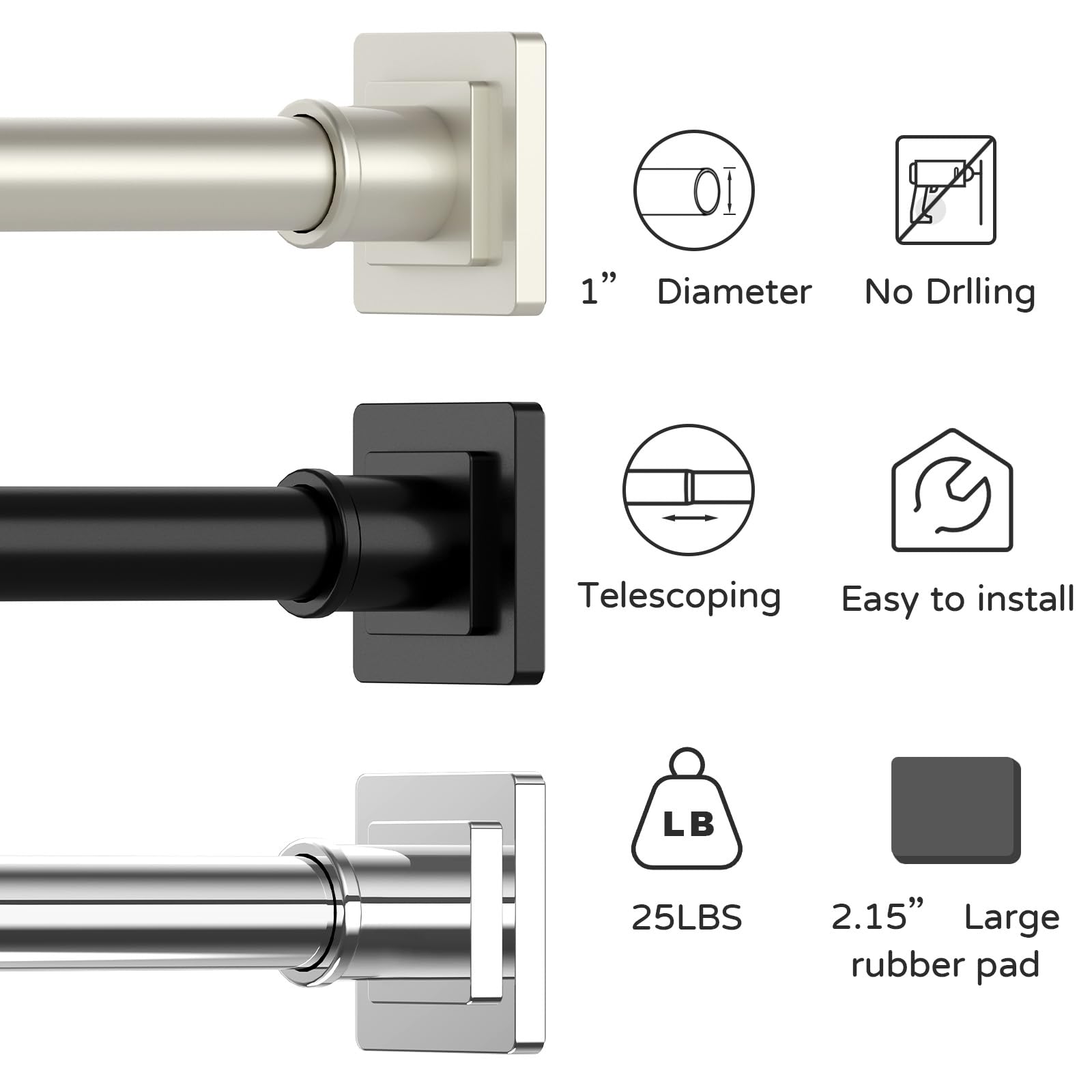 UIOSANRT Tension Shower Curtain Rod 31-55 Inches Non-Slip Shower Rod Tension Mounted No Drill Black Shower Curtain Rods Spring Tension Rod Adjustable Tension Curtain Rod for Windows Bathroom
