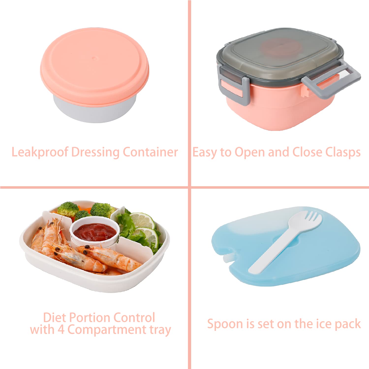 Freshmage Salad Lunch Container To Go, 52-oz Salad Bowls with 3 Compartments, Salad Dressings Container for Salad Toppings, Snacks, Men, Women (Blue)