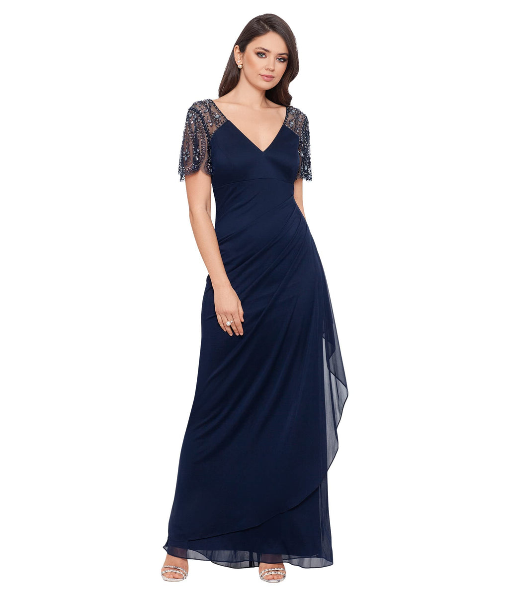 Xscape Floor Length Jersey Knit Evening Gown with V-Neckline, Beaded Flutter Sleeves and Ruched Draping