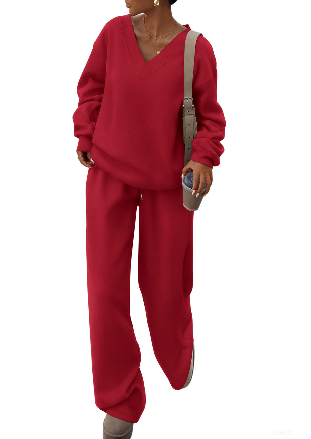 PRETTYGARDEN Casual Winter Two Piece Sets for Women 2026 V Neck Sweatshirt Loose Wide Leg Pants Tracksuit Knit Fall Outfits