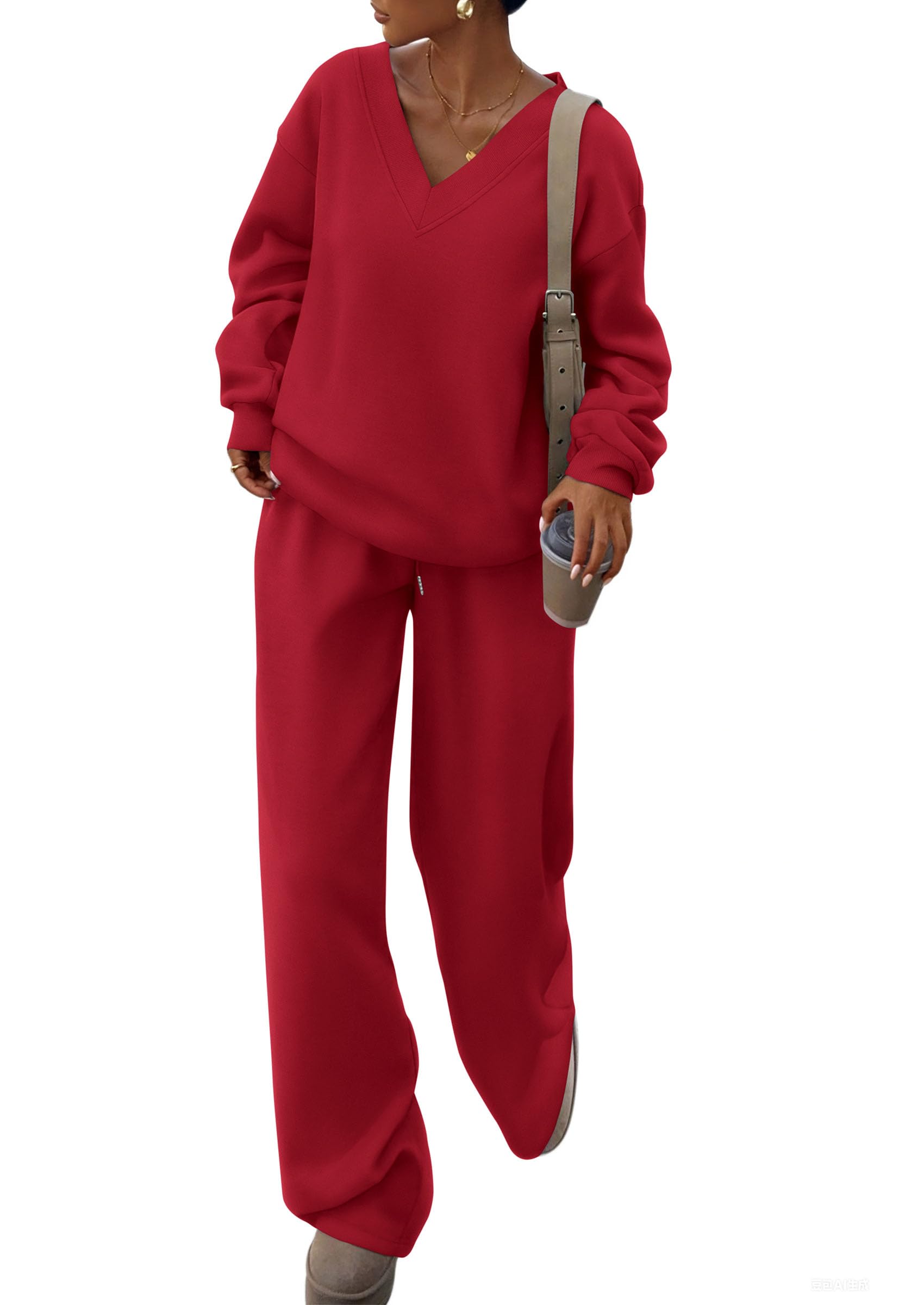 PRETTYGARDEN Casual Winter Two Piece Sets for Women 2026 V Neck Sweatshirt Loose Wide Leg Pants Tracksuit Knit Fall Outfits