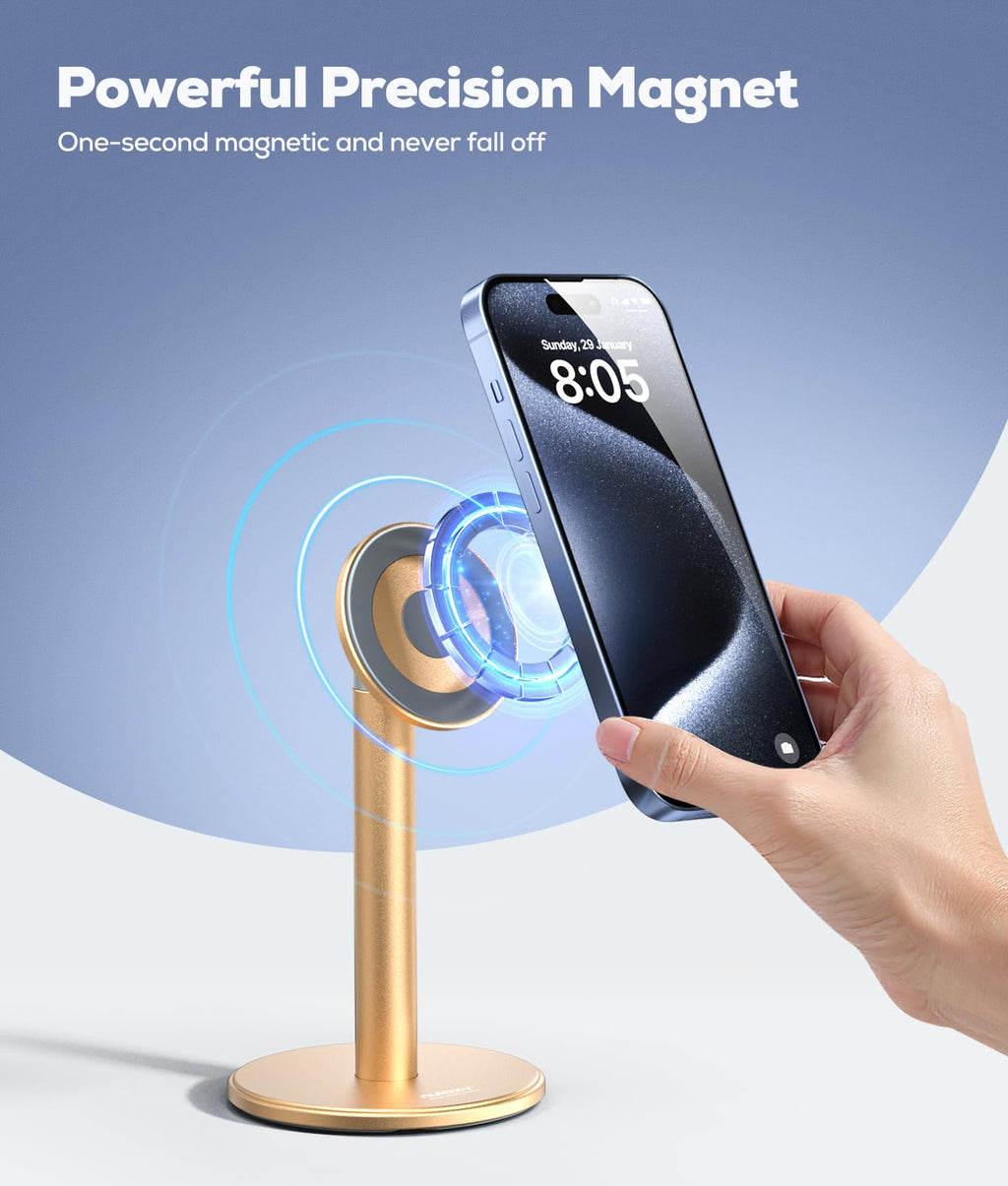 Nulaxy Magnetic Full Aluminum Cell Phone Stand for MagSafe with Metal Ring, 360 Rotating Phone Stand for Desk, Office Desk Accessories, Adjustable Phone Holder Compatible with All Phones, Gray