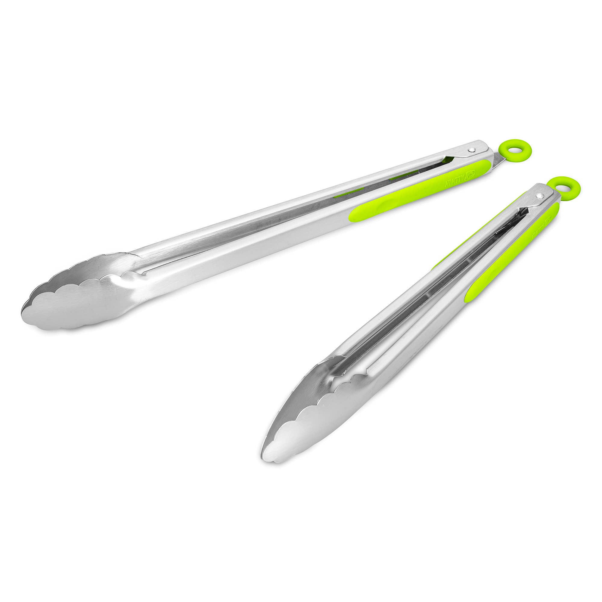 304 Stainless Steel Kitchen Cooking Tongs, 9" and 12" Set of 2 Sturdy Grilling Barbeque Brushed Locking Food Tongs with Ergonomic Grip, Black