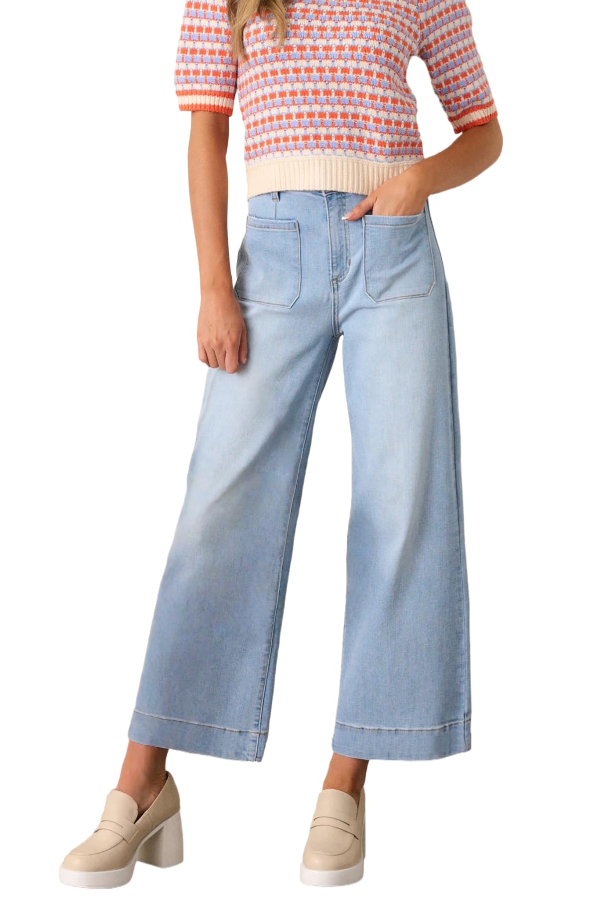 Allimy Women's High Waisted Cropped Wide Leg Jeans Stretchy Loose Denim Pants with Front Patch Pockets