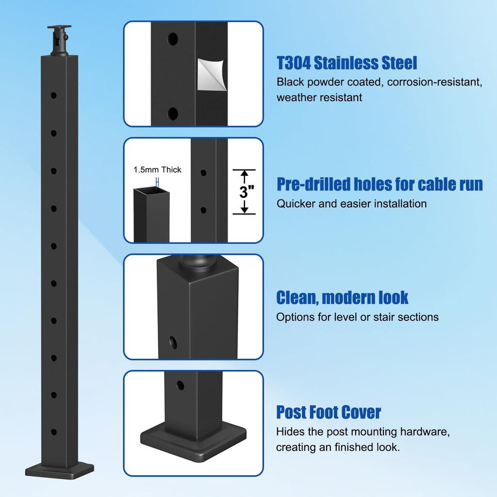 BLIKA 36" Cable Railing Corner Post, 304 Stainless Steel, 2-Side Drilled Adjustable Top Corner Post, Surface Mount Matte Black Cable Railing System Corner Post