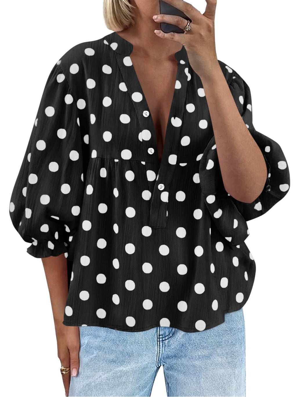 Tankaneo Womens Puff Sleeve Babydoll Tops Summer V Neck Striped Blouse Cute Casual Loose Fit Flowy Shirts