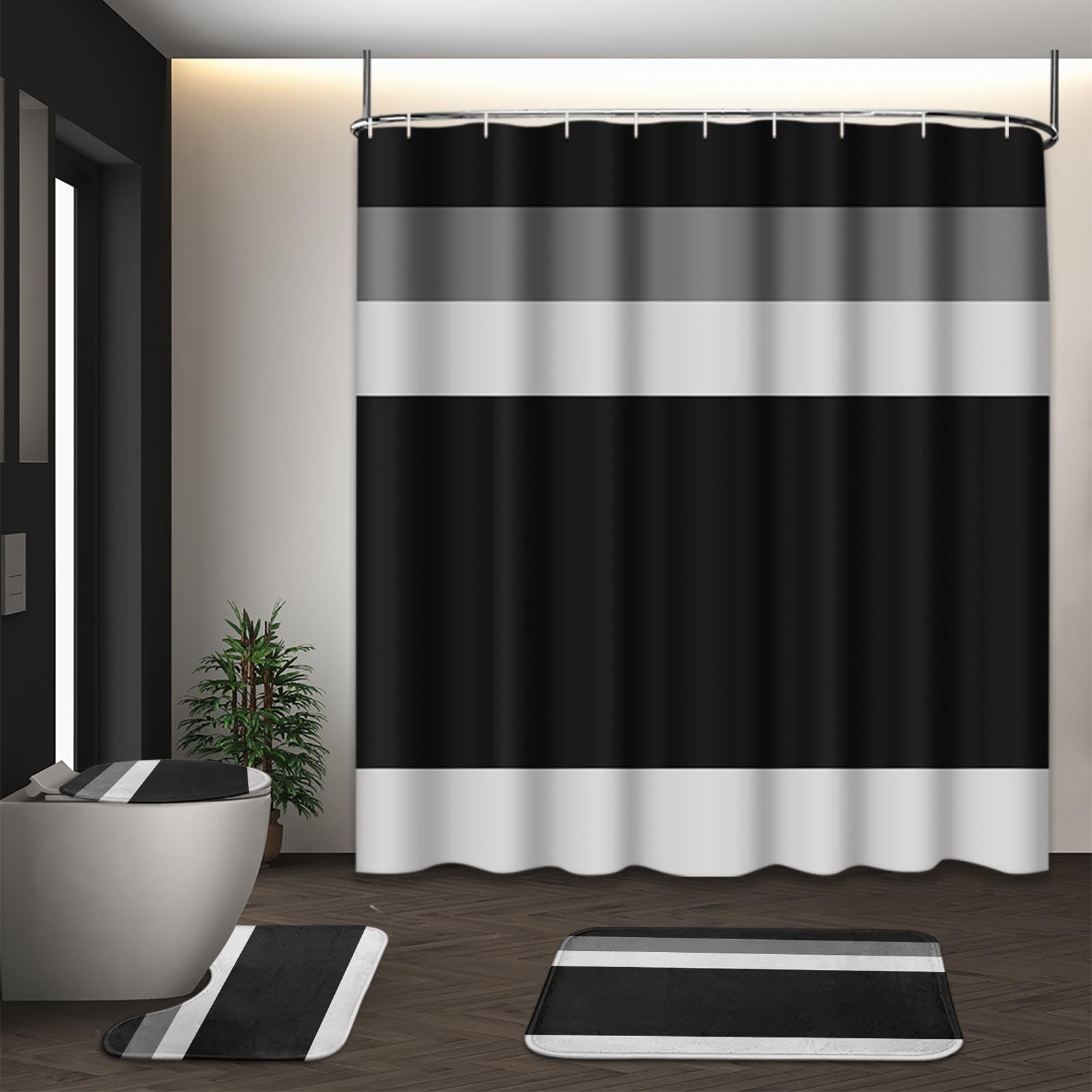 Beige Geometric Shower Curtain Set with Toilet Lid Cover and Non-Slip Rugs for Bathroom, Black Grey White Checkered 4 Pcs Shower Curtain, Modern Abstract Bathroom Set with 12 Hooks