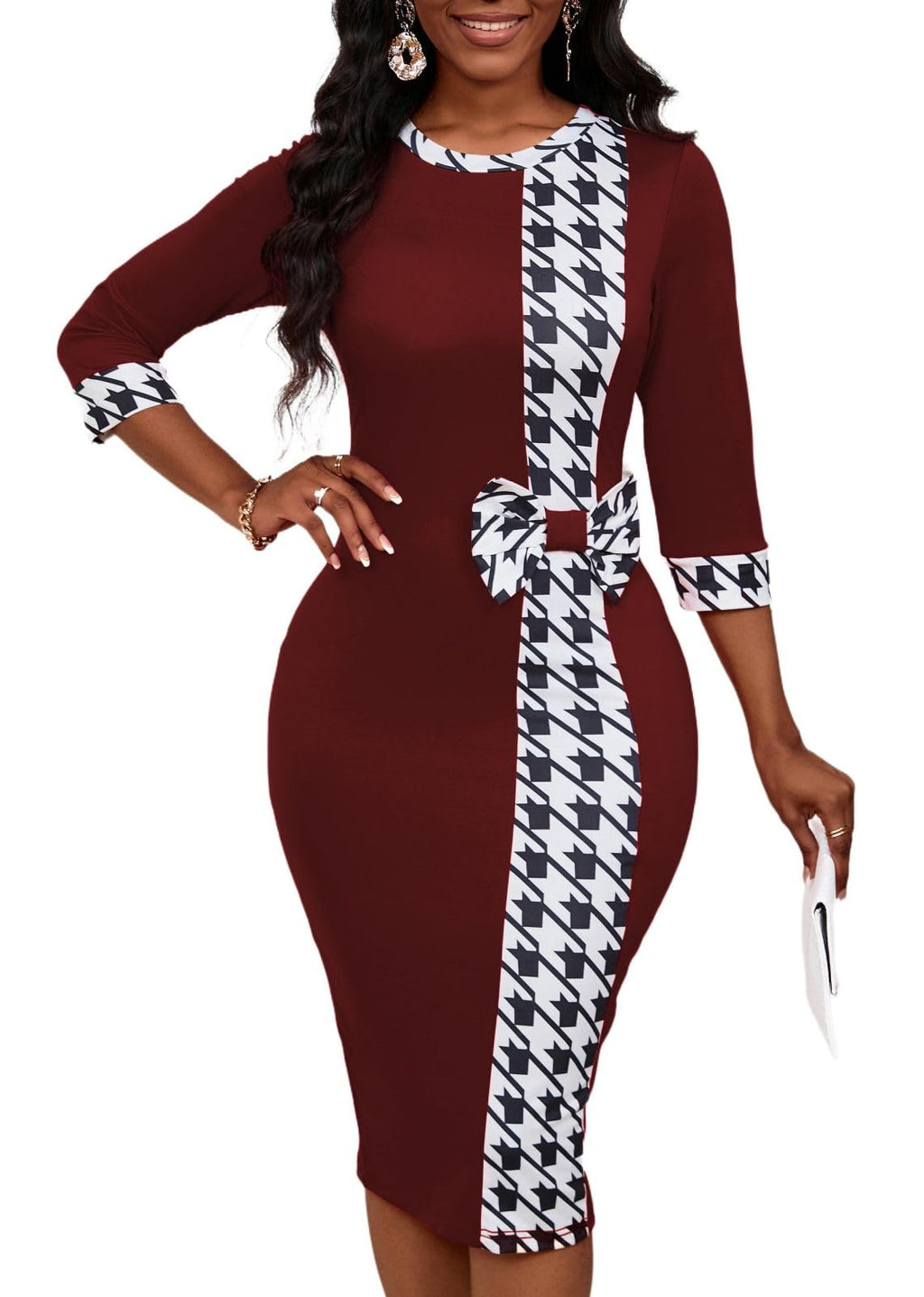 PerZeal Women's 3/4 Sleeve Round Neck Casual Houndstooth Bodycon Wear to Work Pencil Sheath Midi Dresses