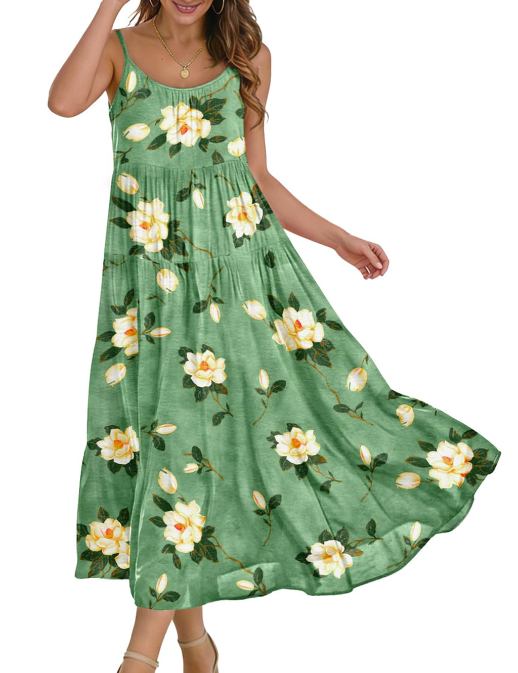 YESNO Summer Bohemian Floral Dresses for Women Spaghetti Straps Maxi Dress Casual Flowy Dresses with Pockets ES0