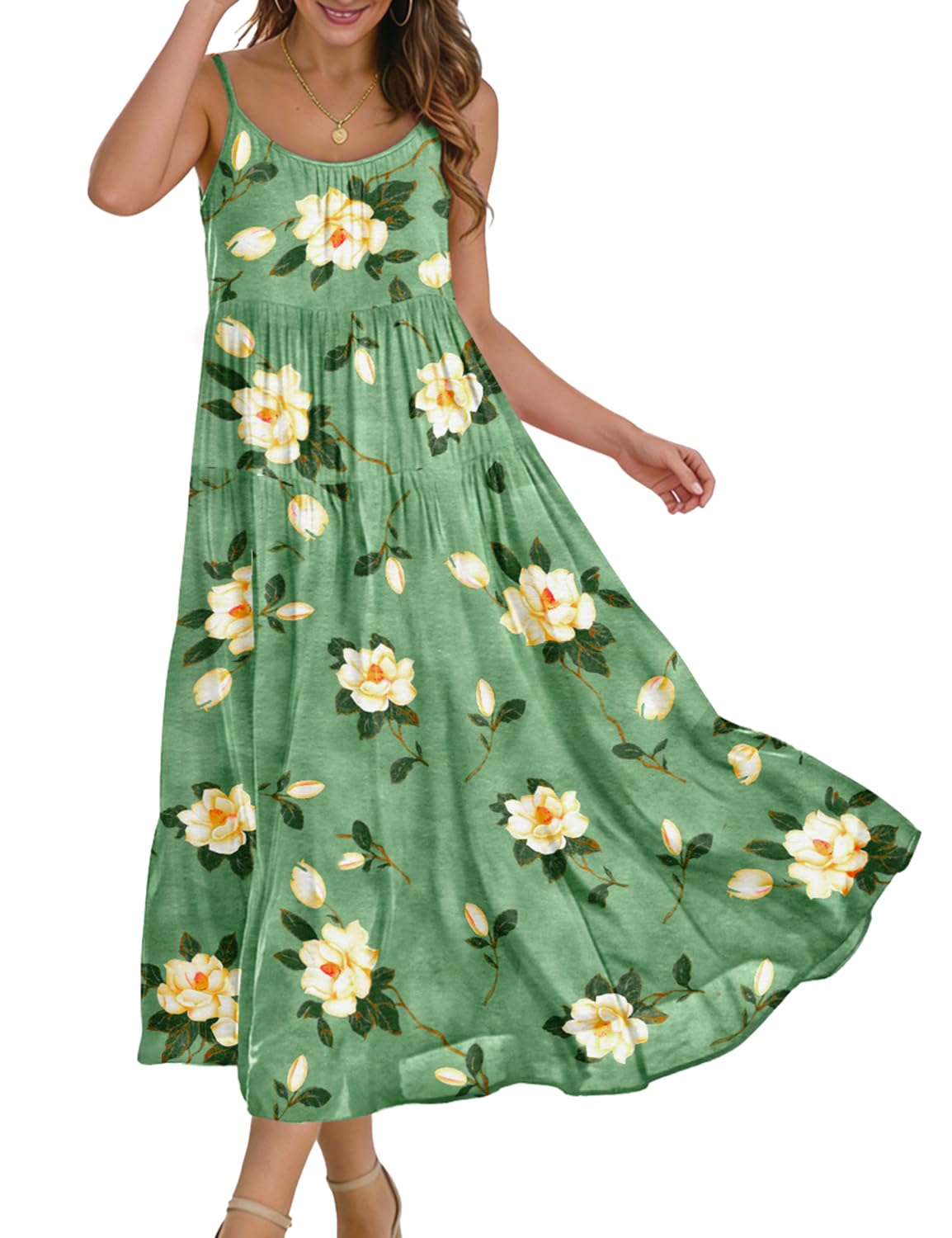 YESNO Summer Bohemian Floral Dresses for Women Spaghetti Straps Maxi Dress Casual Flowy Dresses with Pockets ES0